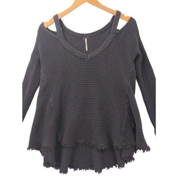 Free People Waffle Knit Cold Shoulder Sweater Gray Asymmetrical Pullover XS - Picture 5 of 10